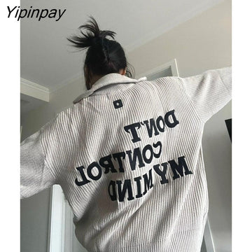 Yipinpay 2023 Winter Streetwear Long Sleeve Zipper Knit Cardigan Women Letter Appliques Oversize Ladies Sweater Casual Female Coat
